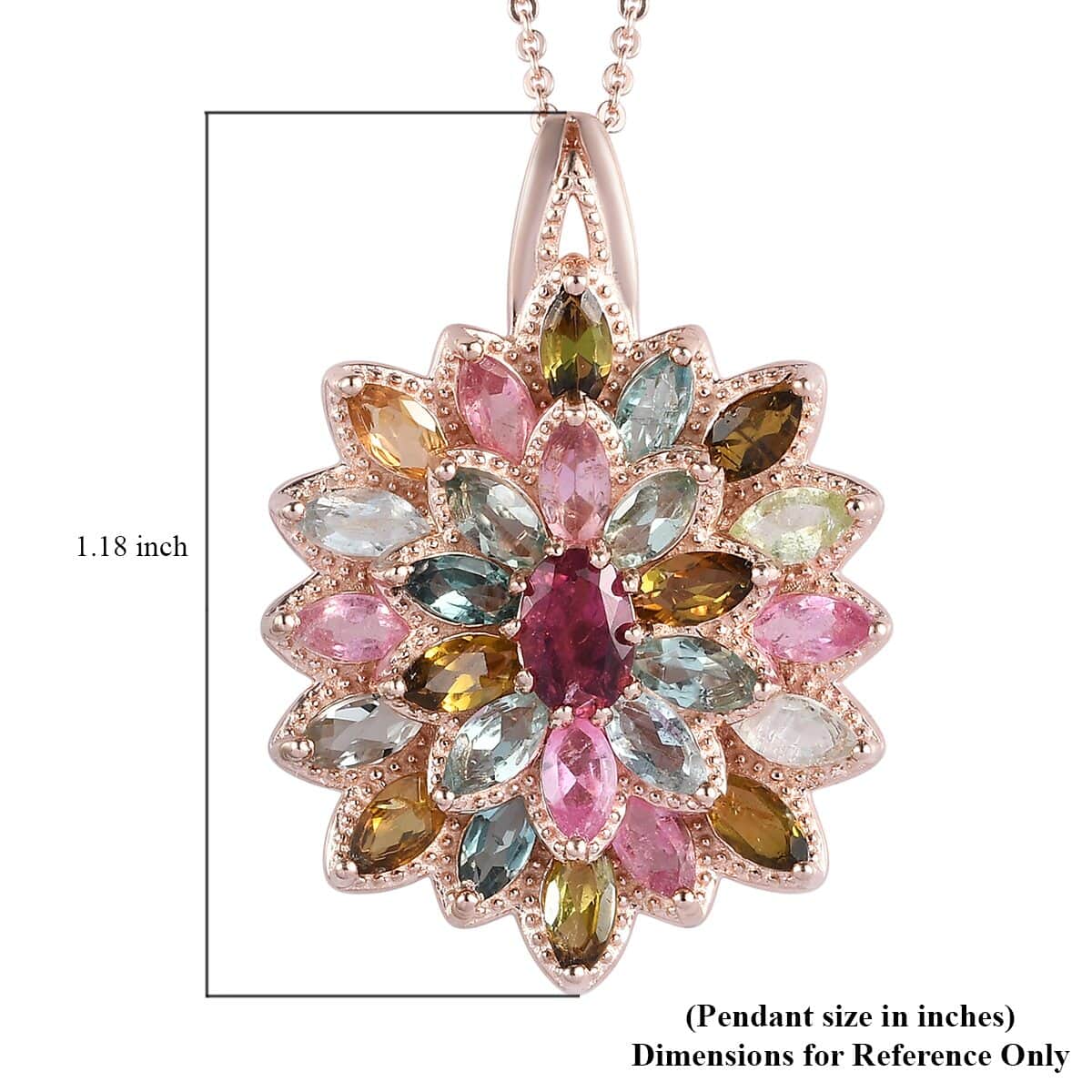 Multi-Tourmaline Floral Pendant Necklace 20 Inches in Vermeil Rose Gold Over Sterling Silver 4.25 ctw image number 6