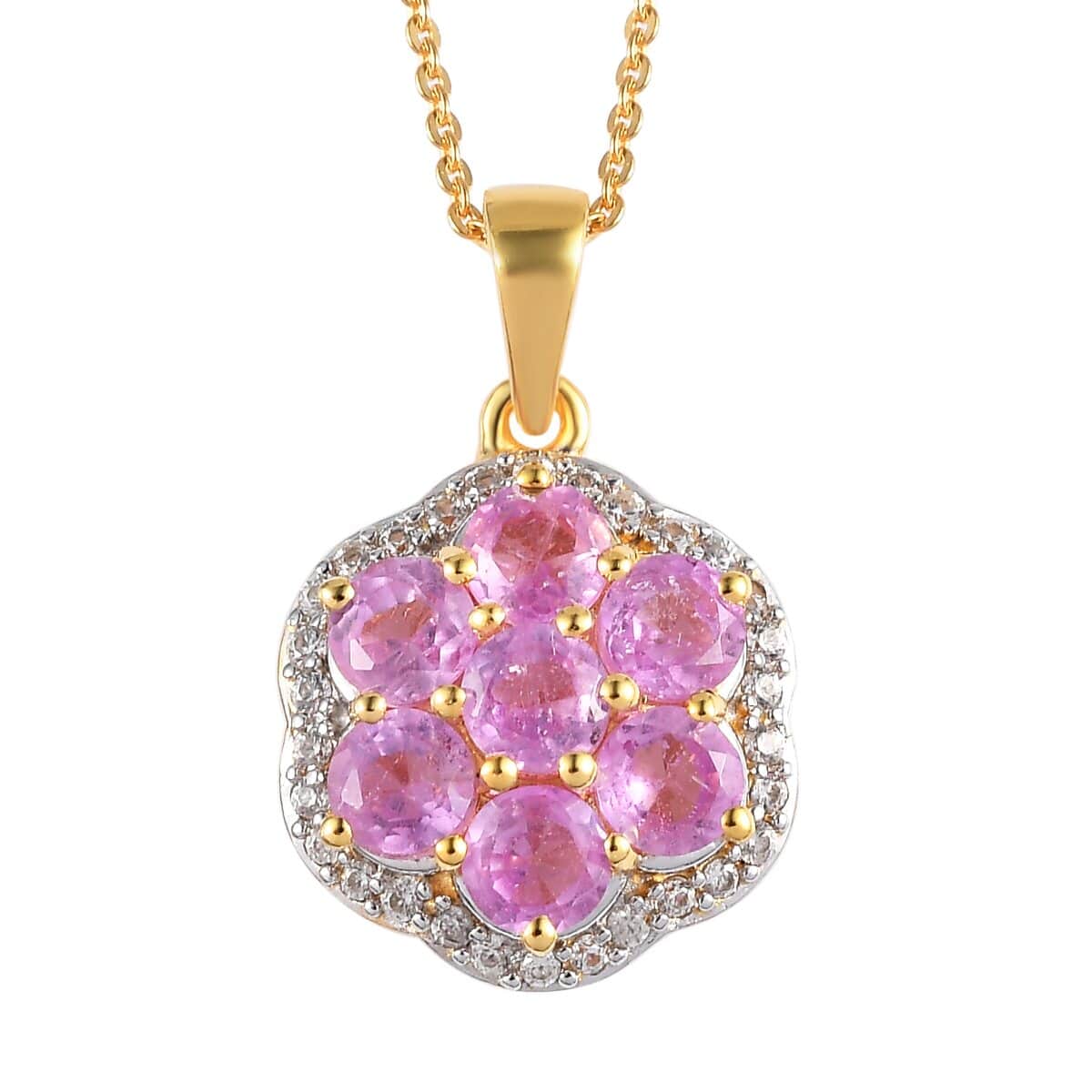 Ilakaka Hot Pink Sapphire (FF) and White Zircon Cluster Pendant Necklace 20 Inches in Vermeil Yellow Gold Over Sterling Silver 3.35 ctw image number 0