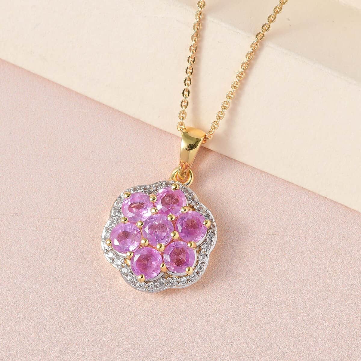 Ilakaka Hot Pink Sapphire (FF) and White Zircon Cluster Pendant Necklace 20 Inches in Vermeil Yellow Gold Over Sterling Silver 3.35 ctw image number 1