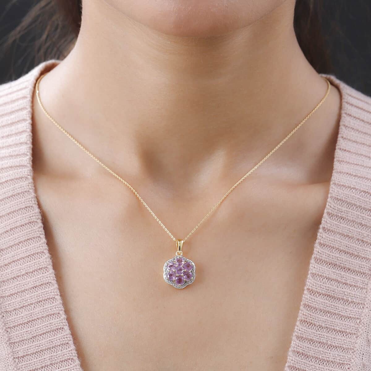 Ilakaka Hot Pink Sapphire (FF) and White Zircon Cluster Pendant Necklace 20 Inches in Vermeil Yellow Gold Over Sterling Silver 3.35 ctw image number 2