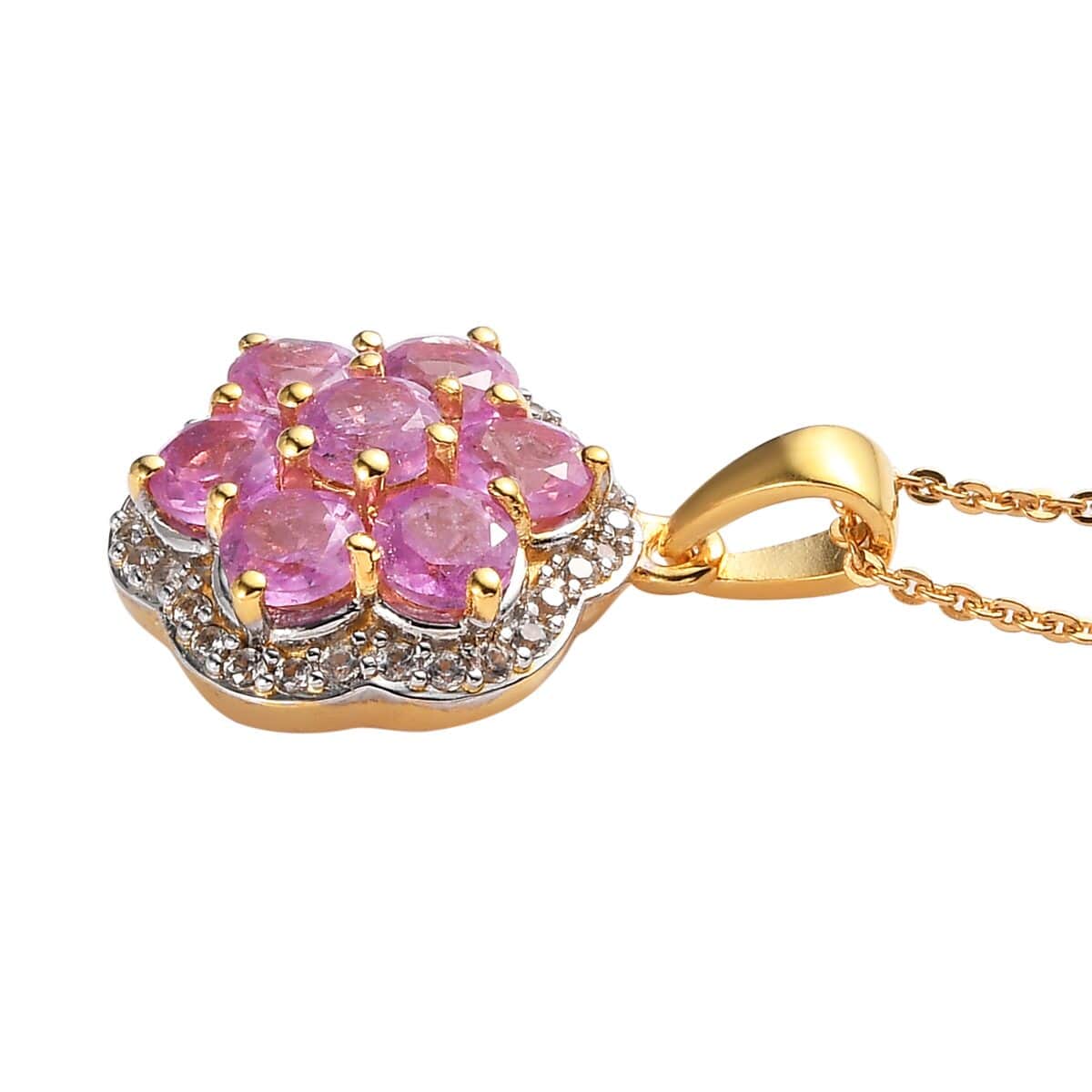 Ilakaka Hot Pink Sapphire (FF) and White Zircon Cluster Pendant Necklace 20 Inches in Vermeil Yellow Gold Over Sterling Silver 3.35 ctw image number 3