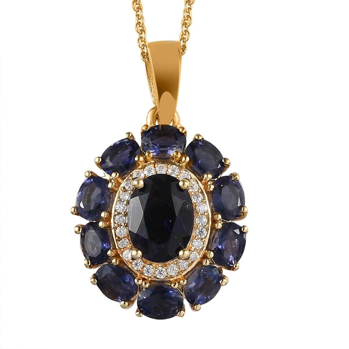 Catalina Iolite and Moissanite Floral Pendant Necklace 20 Inches in Vermeil Yellow Gold Over Sterling Silver 2.50 ctw image number 0