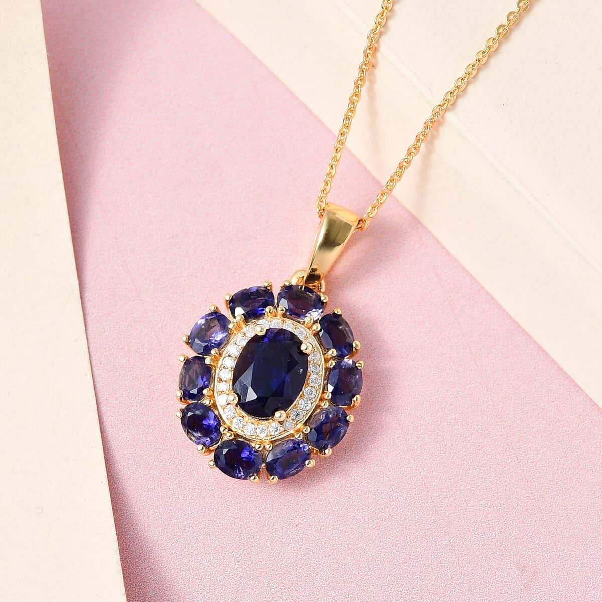 Catalina Iolite and Moissanite Floral Pendant Necklace 20 Inches in Vermeil Yellow Gold Over Sterling Silver 2.50 ctw image number 1