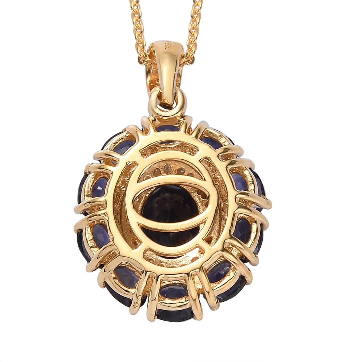 Catalina Iolite and Moissanite Floral Pendant Necklace 20 Inches in Vermeil Yellow Gold Over Sterling Silver 2.50 ctw image number 4