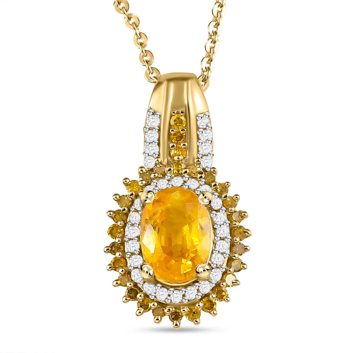 Madagascar Yellow Sapphire, Yellow and White Diamond Double Halo Pendant Necklace 20 Inches in Vermeil Yellow Gold Over Sterling Silver 1.40 ctw image number 0