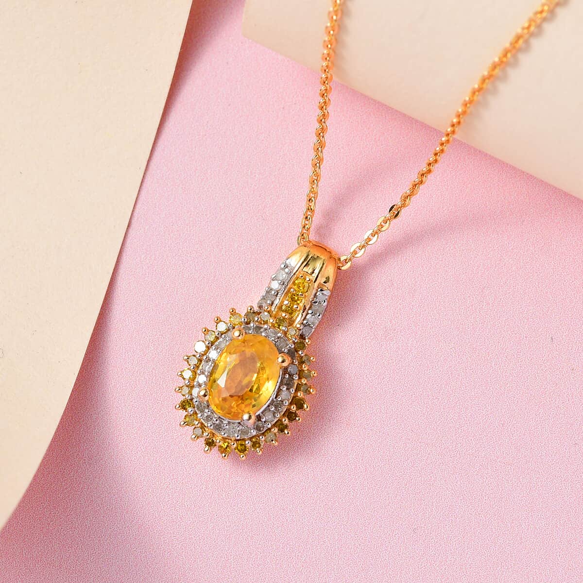 Madagascar Yellow Sapphire, Yellow and White Diamond Double Halo Pendant Necklace 20 Inches in Vermeil Yellow Gold Over Sterling Silver 1.40 ctw image number 2