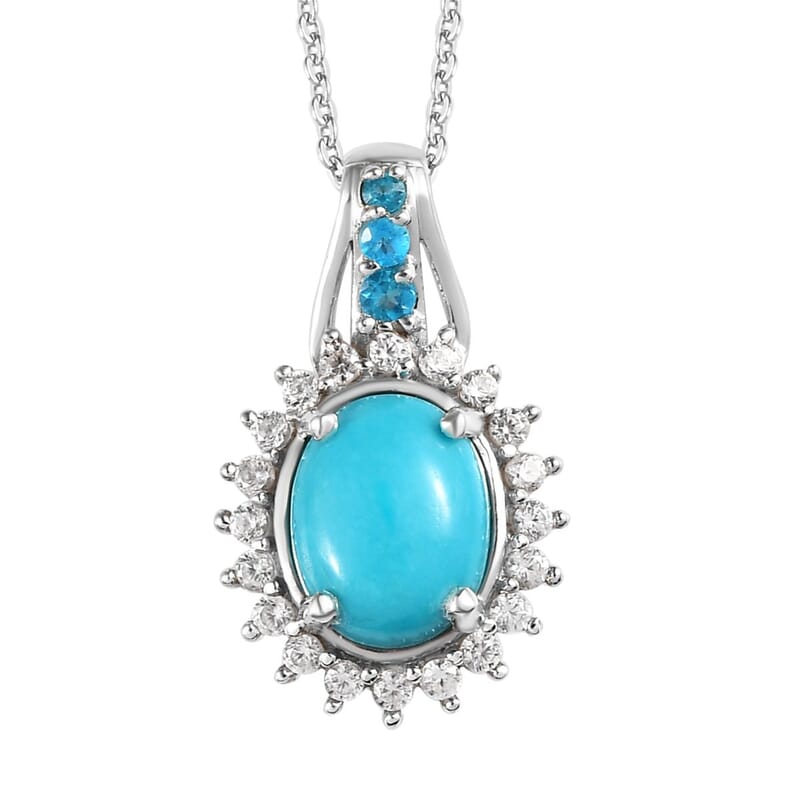 Premium Sleeping Beauty Turquoise and Multi Gemstone Pendant Necklace 20 Inches in Platinum Over Sterling Silver 2.35 ctw