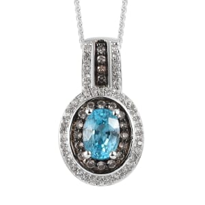 Premium Cambodian Blue Zircon, White and Champagne Zircon Halo Pendant Necklace 20 Inches in Platinum Over Sterling Silver 1.70 ctw