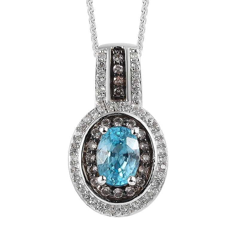Premium Cambodian Blue Zircon, White and Champagne Zircon Halo Pendant Necklace 20 Inches in Platinum Over Sterling Silver 1.70 ctw