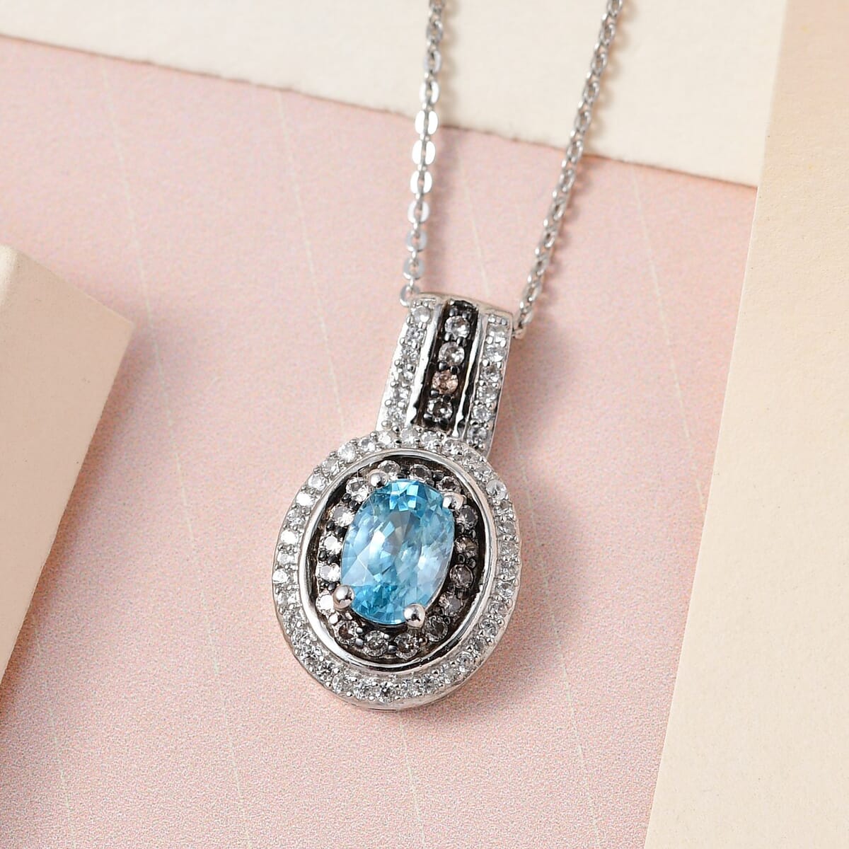Premium Cambodian Blue Zircon, White and Champagne Zircon Halo Pendant Necklace 20 Inches in Platinum Over Sterling Silver 1.70 ctw image number 1
