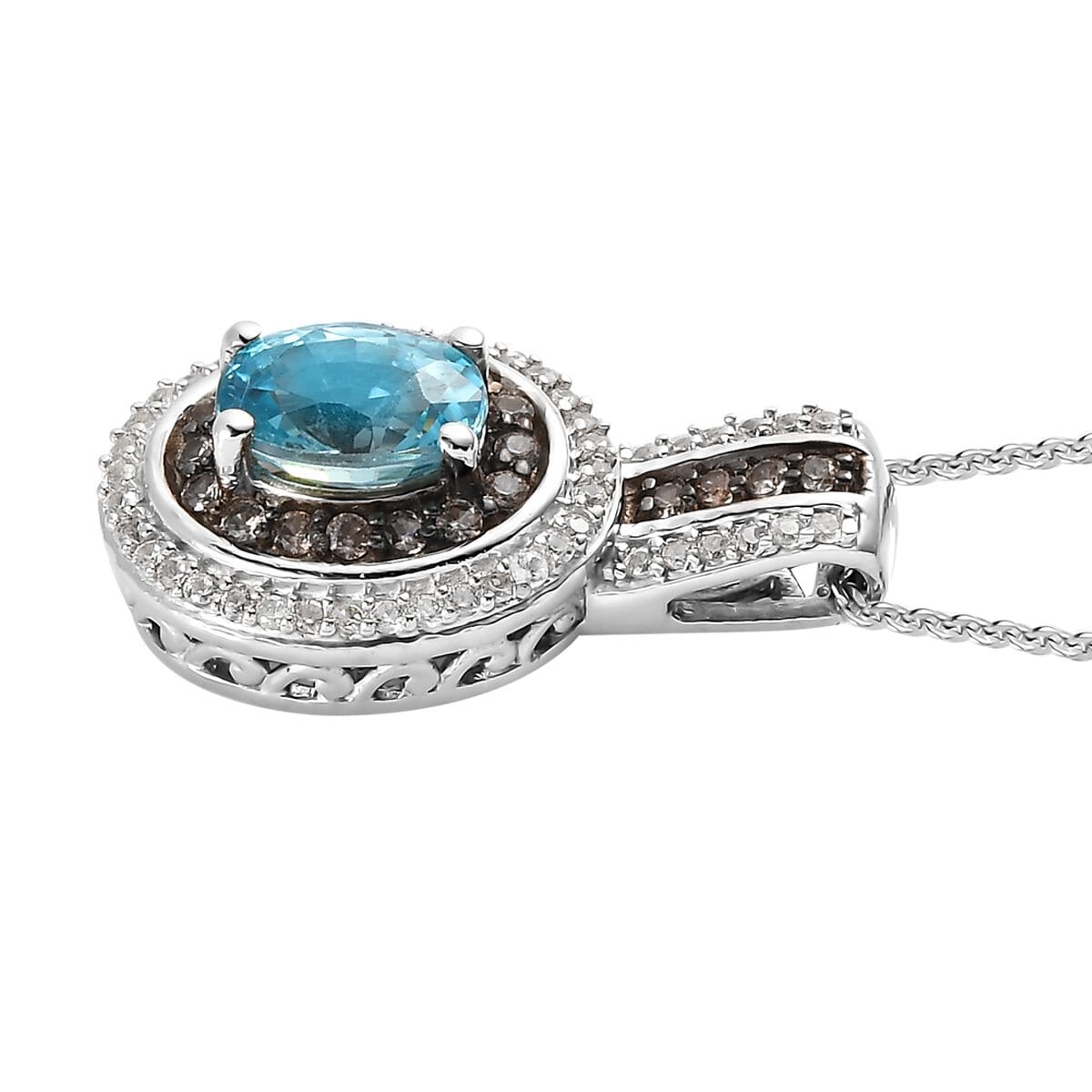 Premium Cambodian Blue Zircon, White and Champagne Zircon Halo Pendant Necklace 20 Inches in Platinum Over Sterling Silver 1.70 ctw image number 3