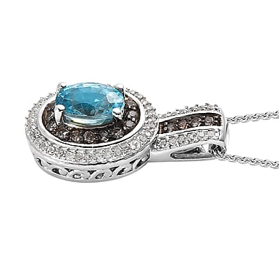 Premium Cambodian Blue Zircon, White and Champagne Zircon Halo Pendant Necklace 20 Inches in Platinum Over Sterling Silver 1.70 ctw