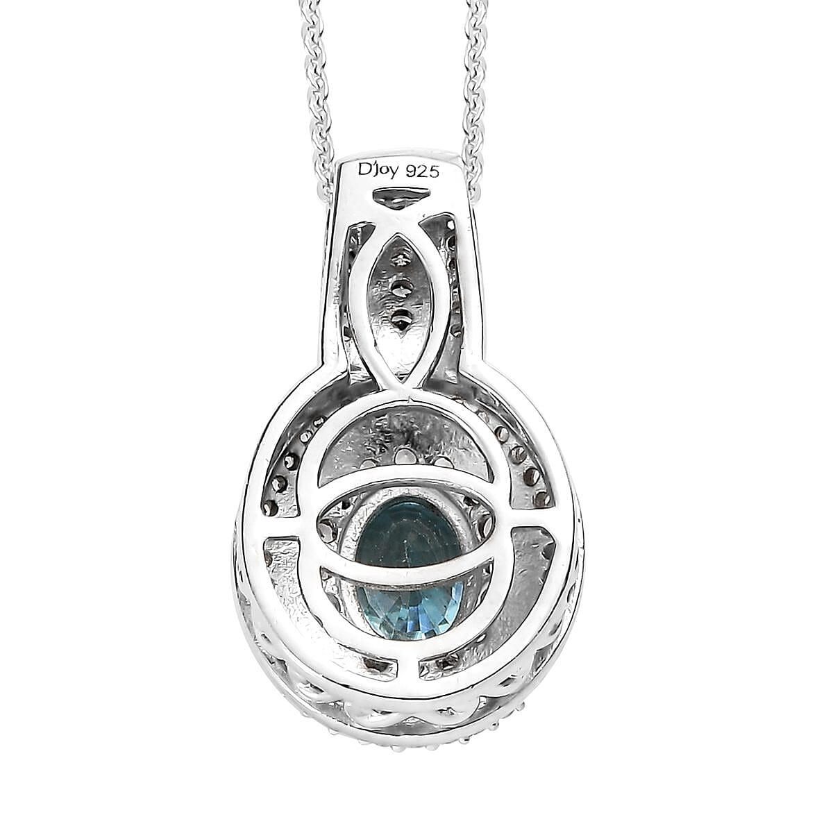 Premium Cambodian Blue Zircon, White and Champagne Zircon Halo Pendant Necklace 20 Inches in Platinum Over Sterling Silver 1.70 ctw