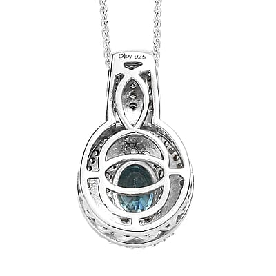 Premium Cambodian Blue Zircon, White and Champagne Zircon Halo Pendant Necklace 20 Inches in Platinum Over Sterling Silver 1.70 ctw