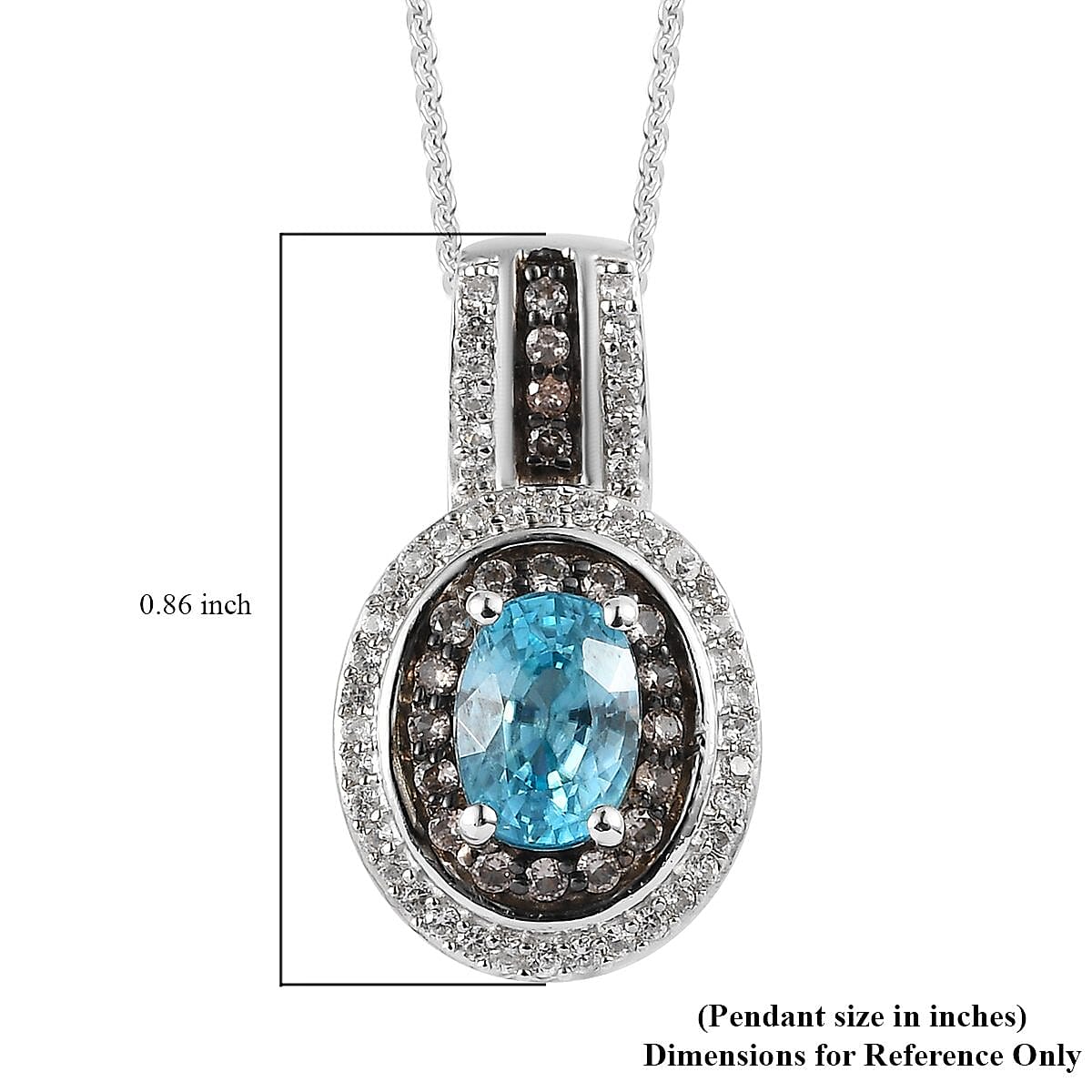 Premium Cambodian Blue Zircon, White and Champagne Zircon Halo Pendant Necklace 20 Inches in Platinum Over Sterling Silver 1.70 ctw