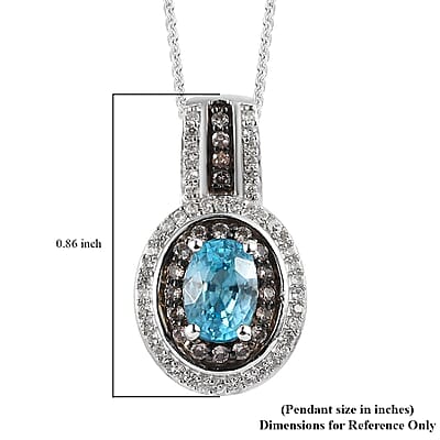 Premium Cambodian Blue Zircon, White and Champagne Zircon Halo Pendant Necklace 20 Inches in Platinum Over Sterling Silver 1.70 ctw