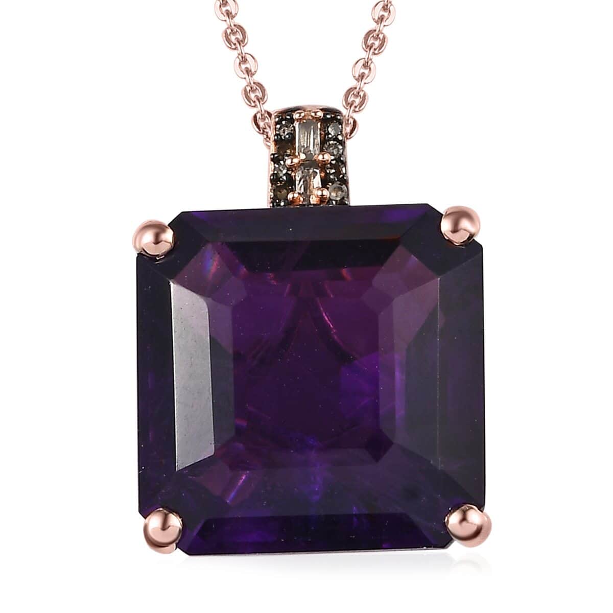 Asscher Cut Amethyst, Natural Champagne and White Diamond Pendant Necklace 20 Inches in Vermeil Rose Gold Over Sterling Silver 14.40 ctw image number 0