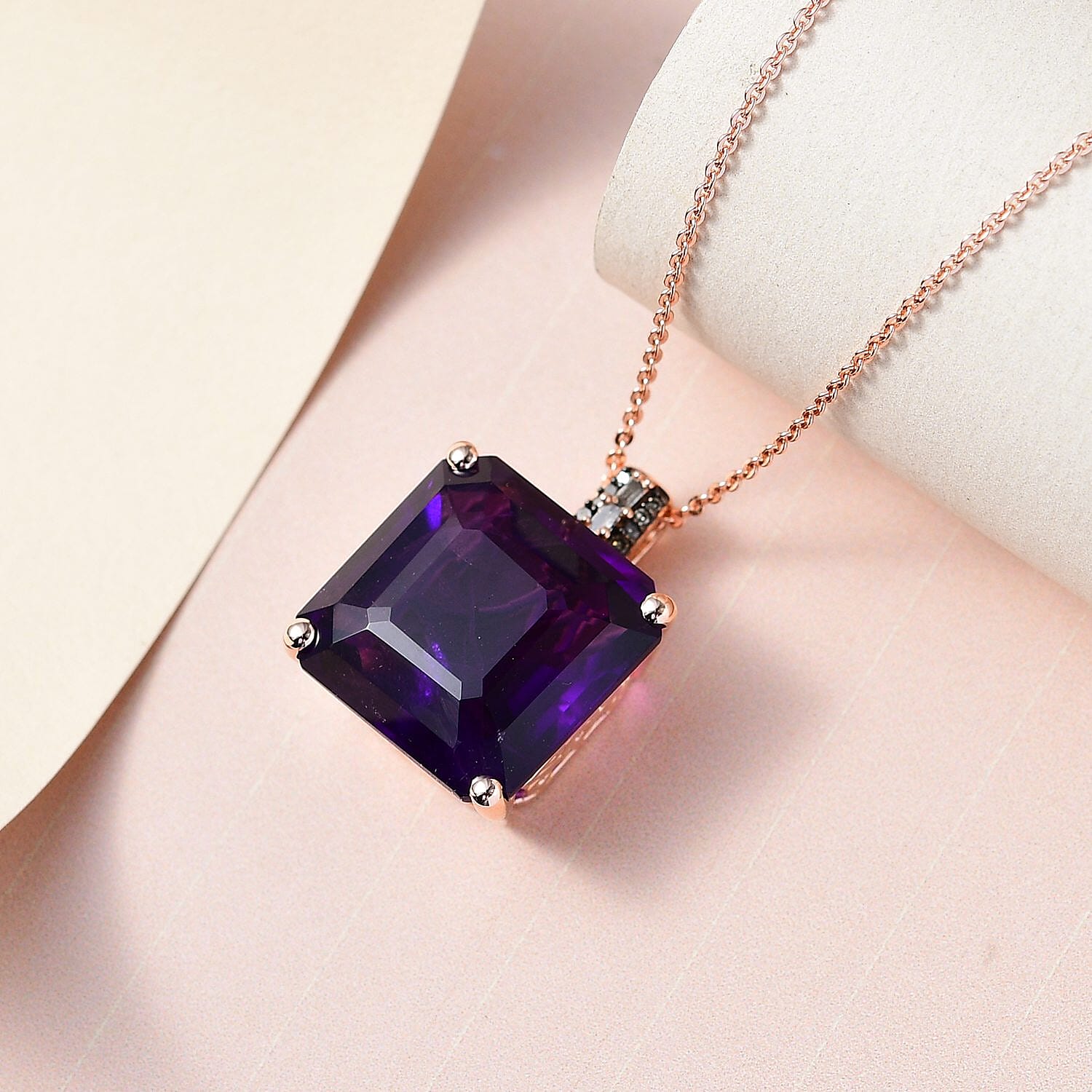 Asscher Cut Amethyst, Natural Champagne and White Diamond Pendant Necklace 20 Inches in Vermeil Rose Gold Over Sterling Silver 14.40 ctw