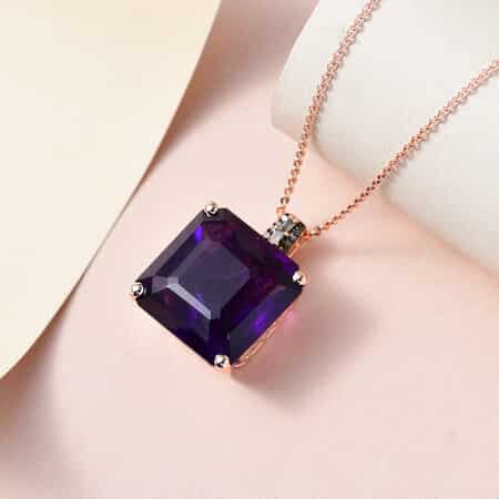 Asscher Cut Amethyst, Natural Champagne and White Diamond Pendant Necklace 20 Inches in Vermeil Rose Gold Over Sterling Silver 14.40 ctw image number 1