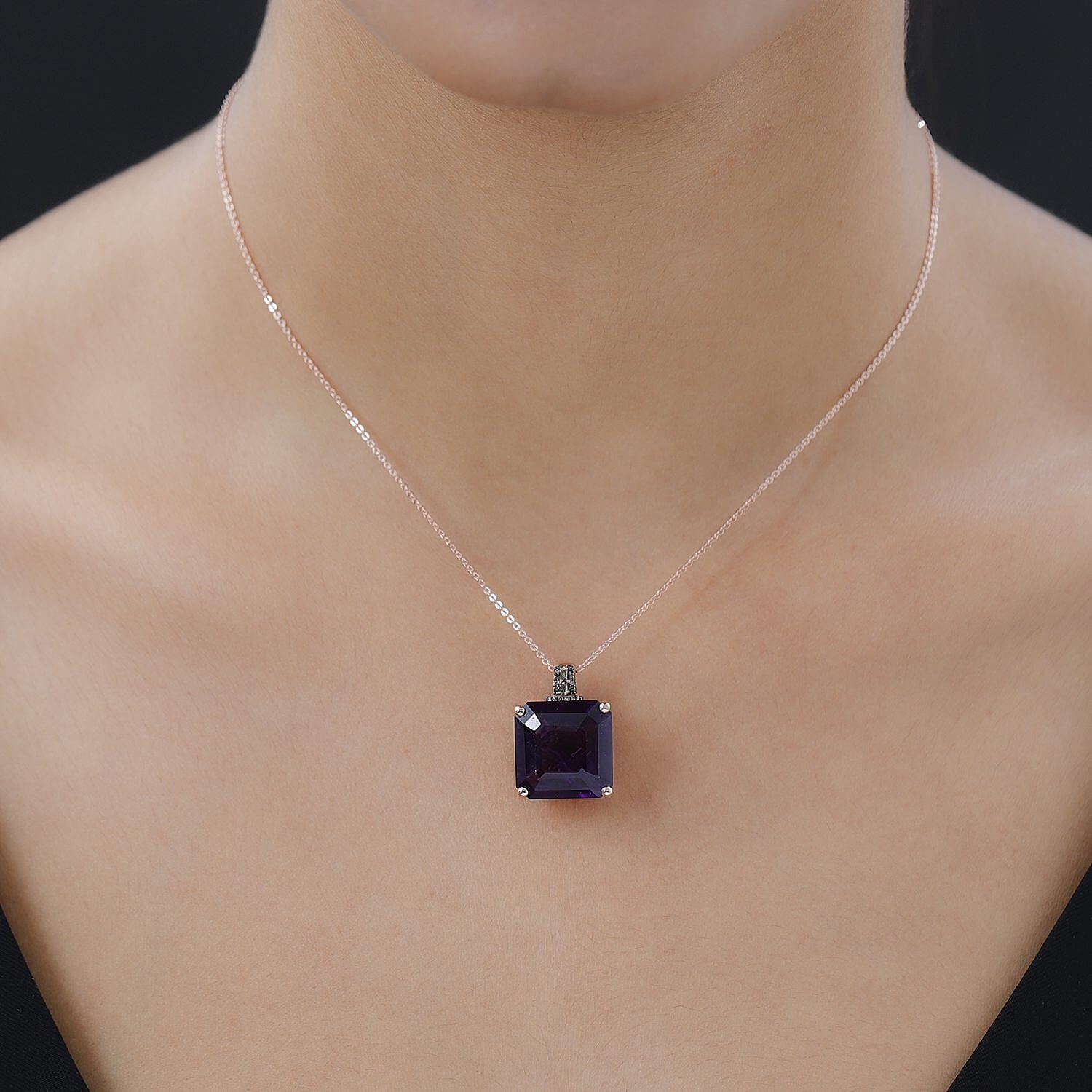 Asscher Cut Amethyst, Natural Champagne and White Diamond Pendant Necklace 20 Inches in Vermeil Rose Gold Over Sterling Silver 14.40 ctw