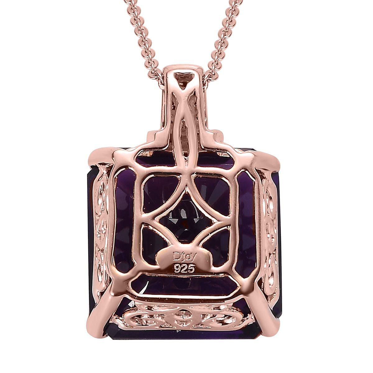 Asscher Cut Amethyst, Natural Champagne and White Diamond Pendant Necklace 20 Inches in Vermeil Rose Gold Over Sterling Silver 14.40 ctw
