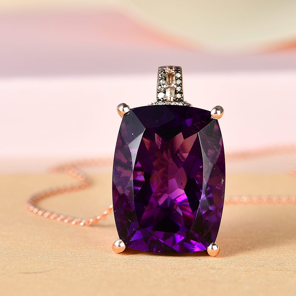 Amethyst, Natural Champagne and White Diamond Pendant Necklace 20 Inches in Vermeil Rose Gold Over Sterling Silver 19.85 ctw image number 1