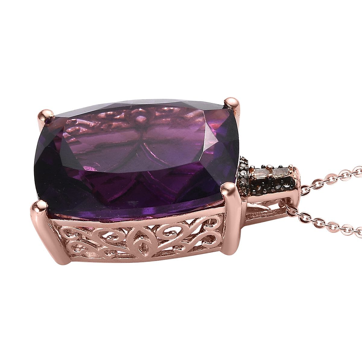 Amethyst, Natural Champagne and White Diamond Pendant Necklace 20 Inches in Vermeil Rose Gold Over Sterling Silver 19.85 ctw image number 3