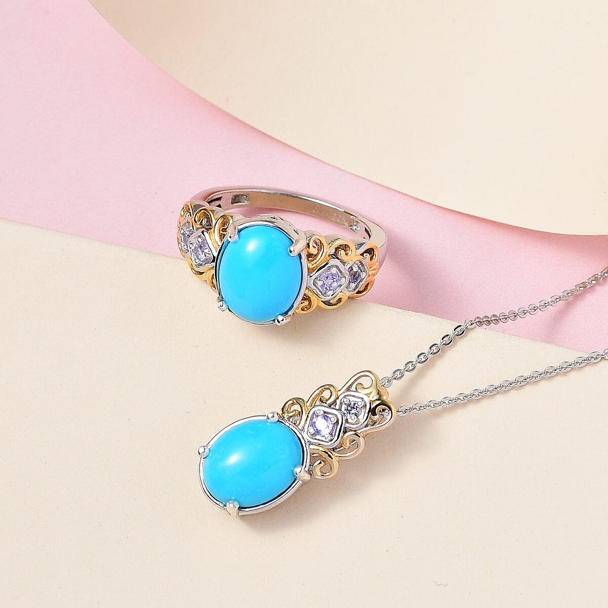 American Natural Sleeping Beauty Turquoise and Tanzanite Ring and Pendant Necklace 20 Inches in Vermeil YG and Platinum Over Sterling Silver 7.70 Grams 4.10 ctw image number 1