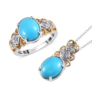 Sleeping Beauty Turquoise and Tanzanite Ring (Size 7.0) and Pendant Necklace 20In in Vermeil YG and Platinum Over Sterling Silver 4.10 ctw
