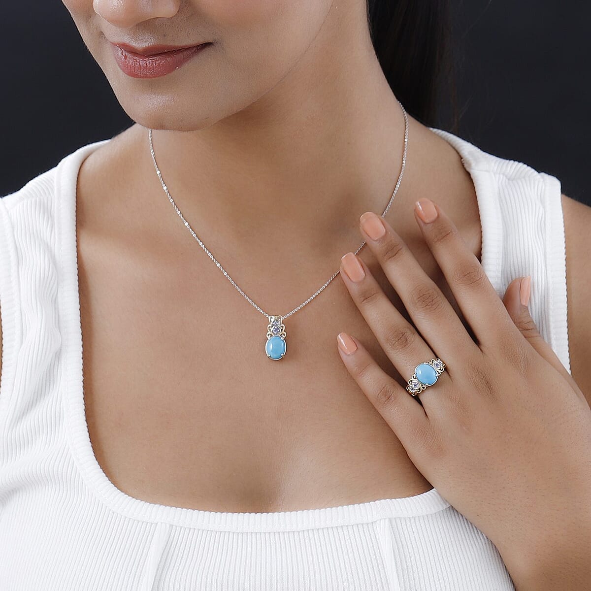 Sleeping Beauty Turquoise and Tanzanite Ring (Size 7.0) and Pendant Necklace 20In in Vermeil YG and Platinum Over Sterling Silver 4.10 ctw image number 2