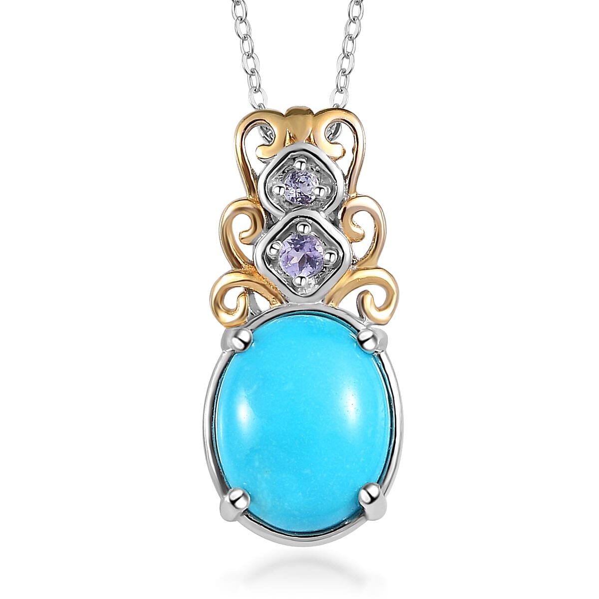 Sleeping Beauty Turquoise and Tanzanite Ring (Size 7.0) and Pendant Necklace 20In in Vermeil YG and Platinum Over Sterling Silver 4.10 ctw image number 5