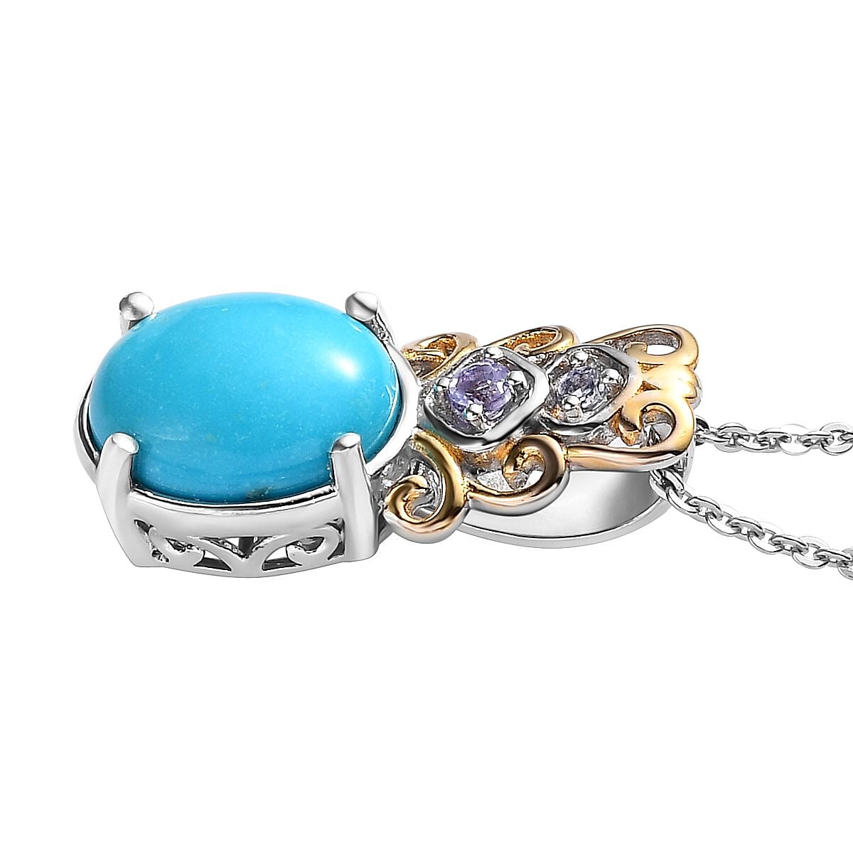 Sleeping Beauty Turquoise and Tanzanite Ring (Size 7.0) and Pendant Necklace 20In in Vermeil YG and Platinum Over Sterling Silver 4.10 ctw image number 6