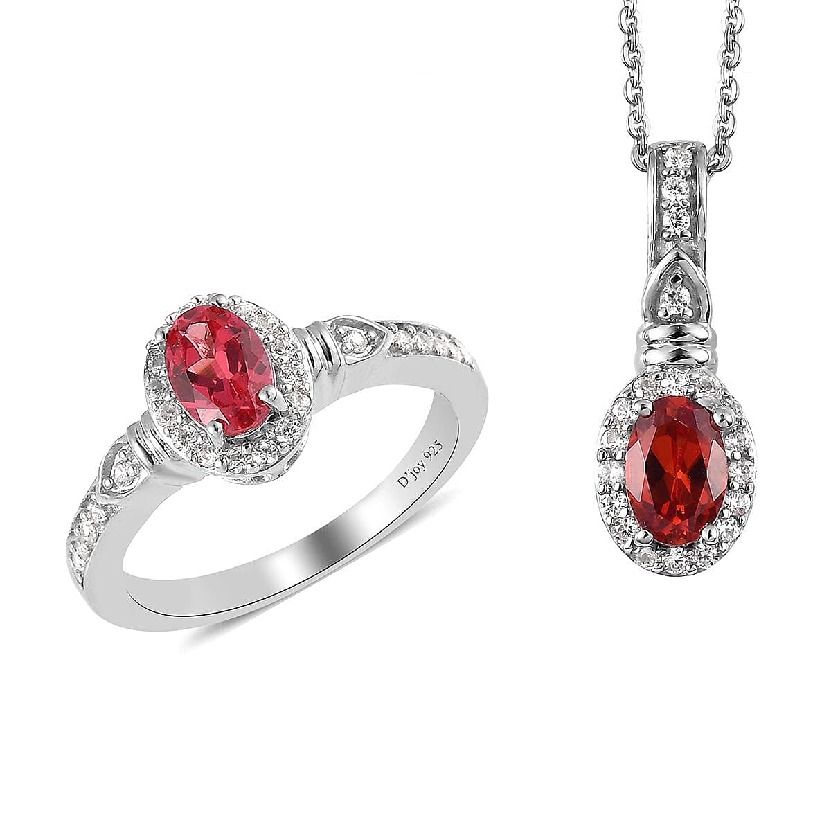 Lab Created Padparadscha Sapphire and White Zircon Halo Ring (Size 5.0) and Pendant Necklace 20 Inches in Platinum Over Sterling Silver 1.75 ctw