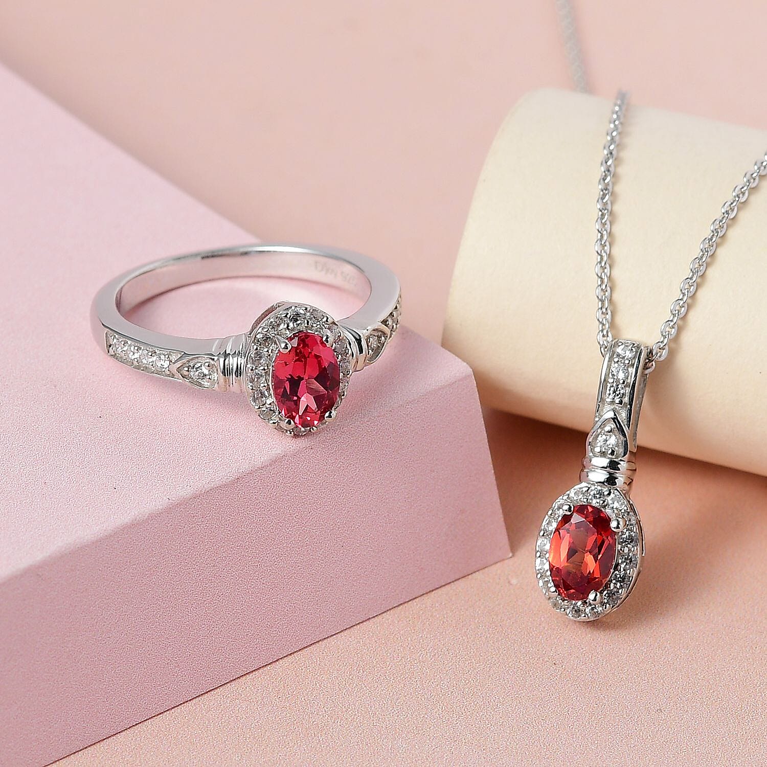 Lab Created Padparadscha Sapphire and White Zircon Halo Ring (Size 5.0) and Pendant Necklace 20 Inches in Platinum Over Sterling Silver 1.75 ctw