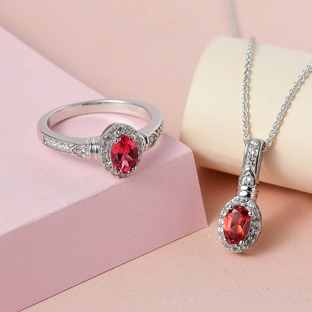 Lab Created Padparadscha Sapphire and White Zircon Ring and Pendant Necklace 20 Inches in Platinum Over Sterling Silver 1.75 ctw image number 1