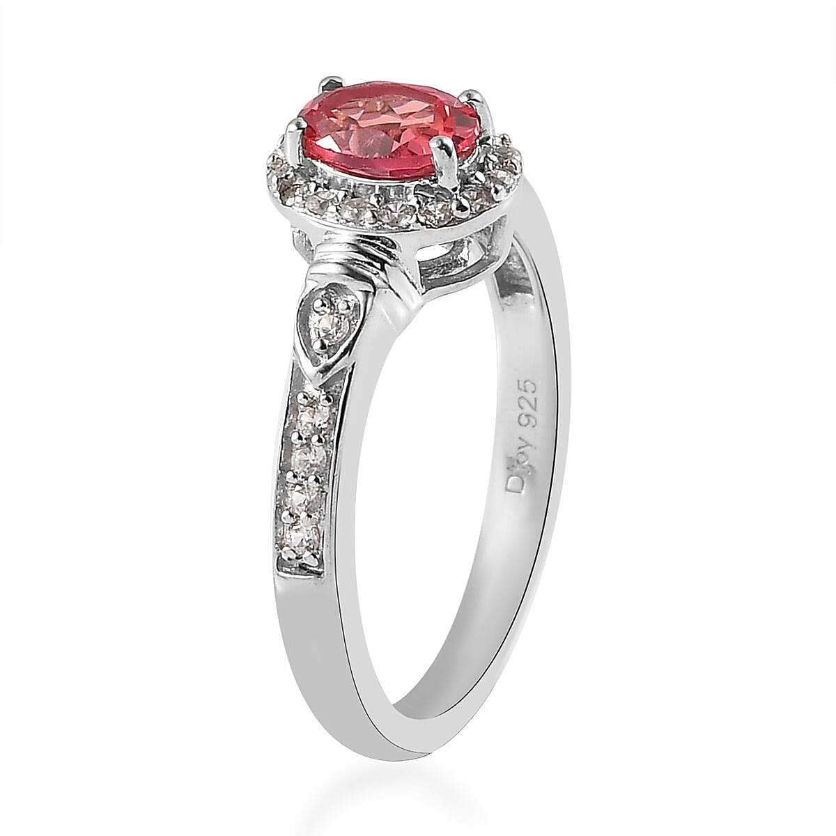Lab Created Padparadscha Sapphire and White Zircon Halo Ring (Size 5.0) and Pendant Necklace 20 Inches in Platinum Over Sterling Silver 1.75 ctw