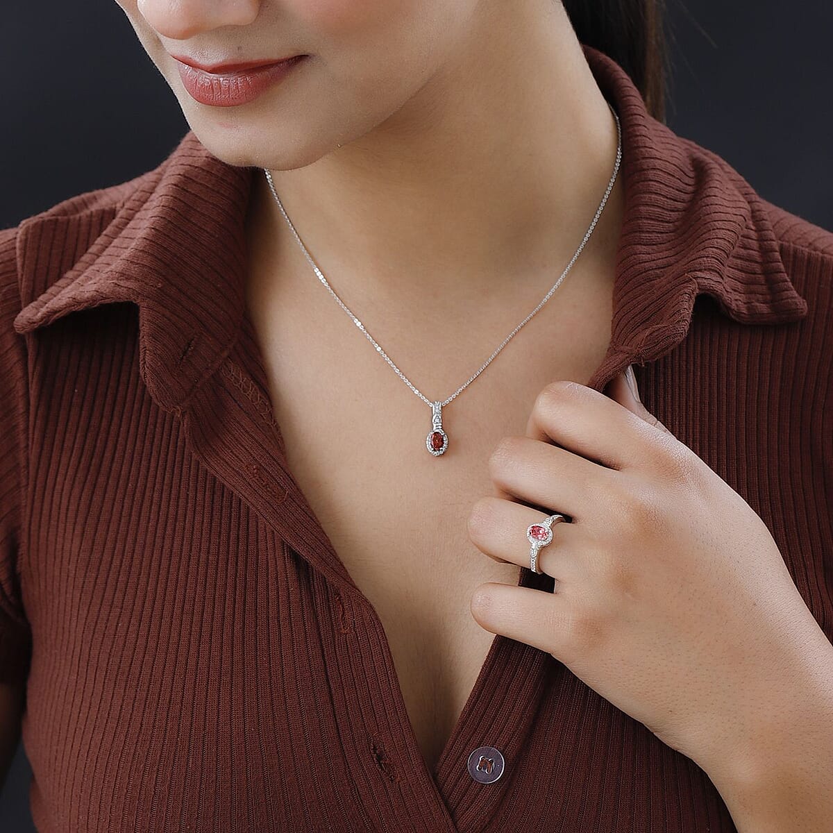 Lab Created Padparadscha Sapphire and White Zircon Halo Ring (Size 7.0) and Pendant Necklace 20 Inches in Platinum Over Sterling Silver 1.75 ctw image number 2