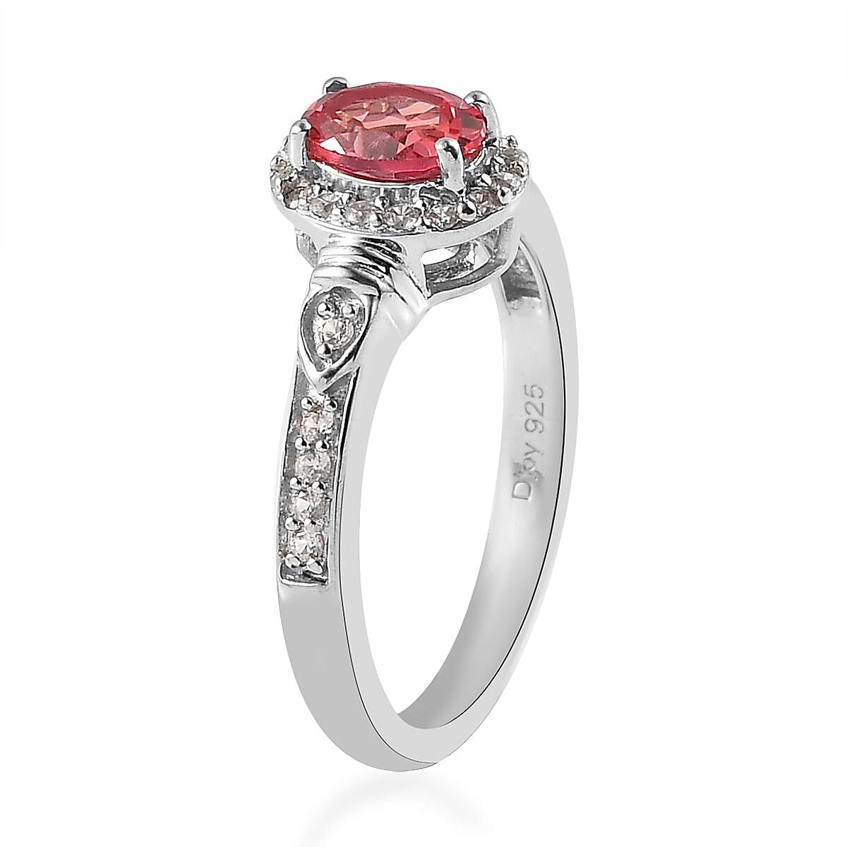 Lab Created Padparadscha Sapphire and White Zircon Halo Ring (Size 7.0) and Pendant Necklace 20 Inches in Platinum Over Sterling Silver 1.75 ctw image number 3