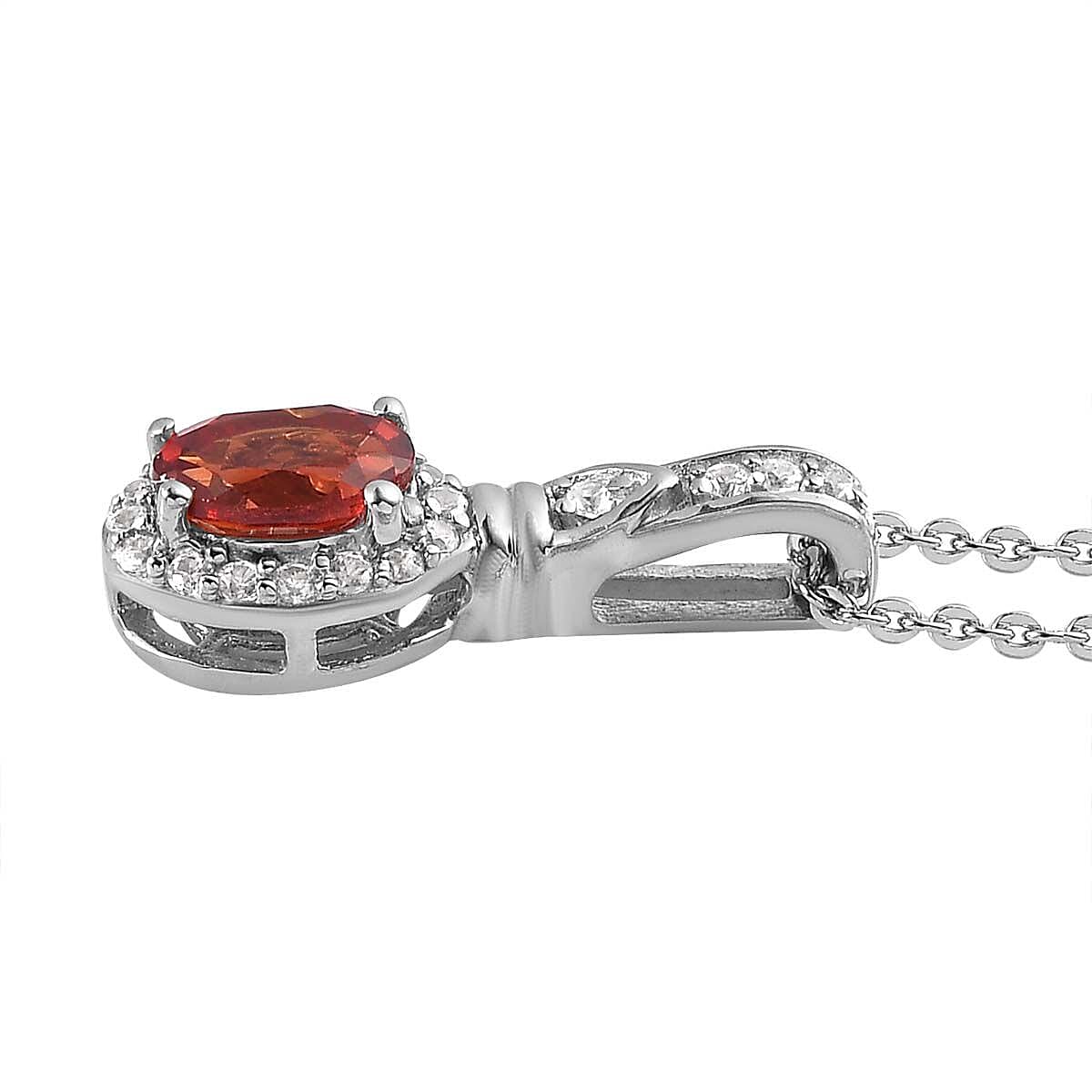 Lab Created Padparadscha Sapphire and White Zircon Halo Ring (Size 7.0) and Pendant Necklace 20 Inches in Platinum Over Sterling Silver 1.75 ctw image number 5