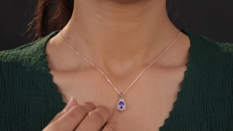 AAA Tanzanite, Natural Champagne and White Diamond Halo Pendant Necklace 20 Inches in Vermeil Rose Gold Over Sterling Silver 1.25 ctw
