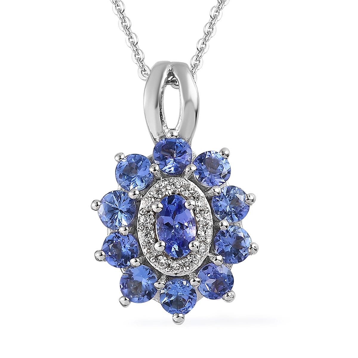 AAA Tanzanite and White Zircon Floral Pendant Necklace 20 Inches in Platinum Over Sterling Silver 1.70 ctw
