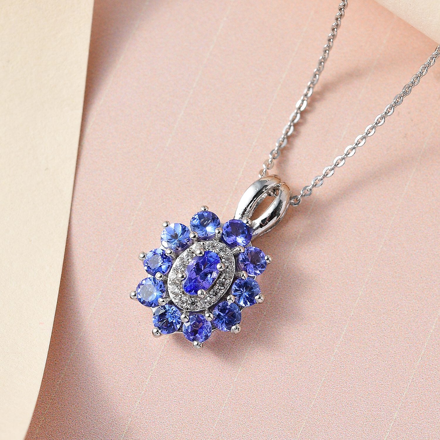 AAA Tanzanite and White Zircon Floral Pendant Necklace 20 Inches in Platinum Over Sterling Silver 1.70 ctw