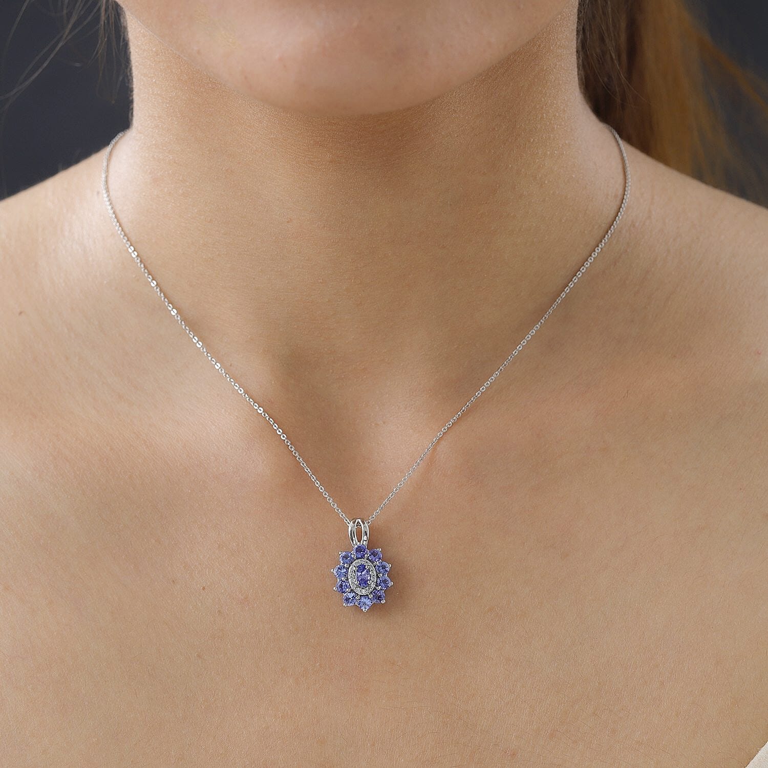 AAA Tanzanite and White Zircon Floral Pendant Necklace 20 Inches in Platinum Over Sterling Silver 1.70 ctw