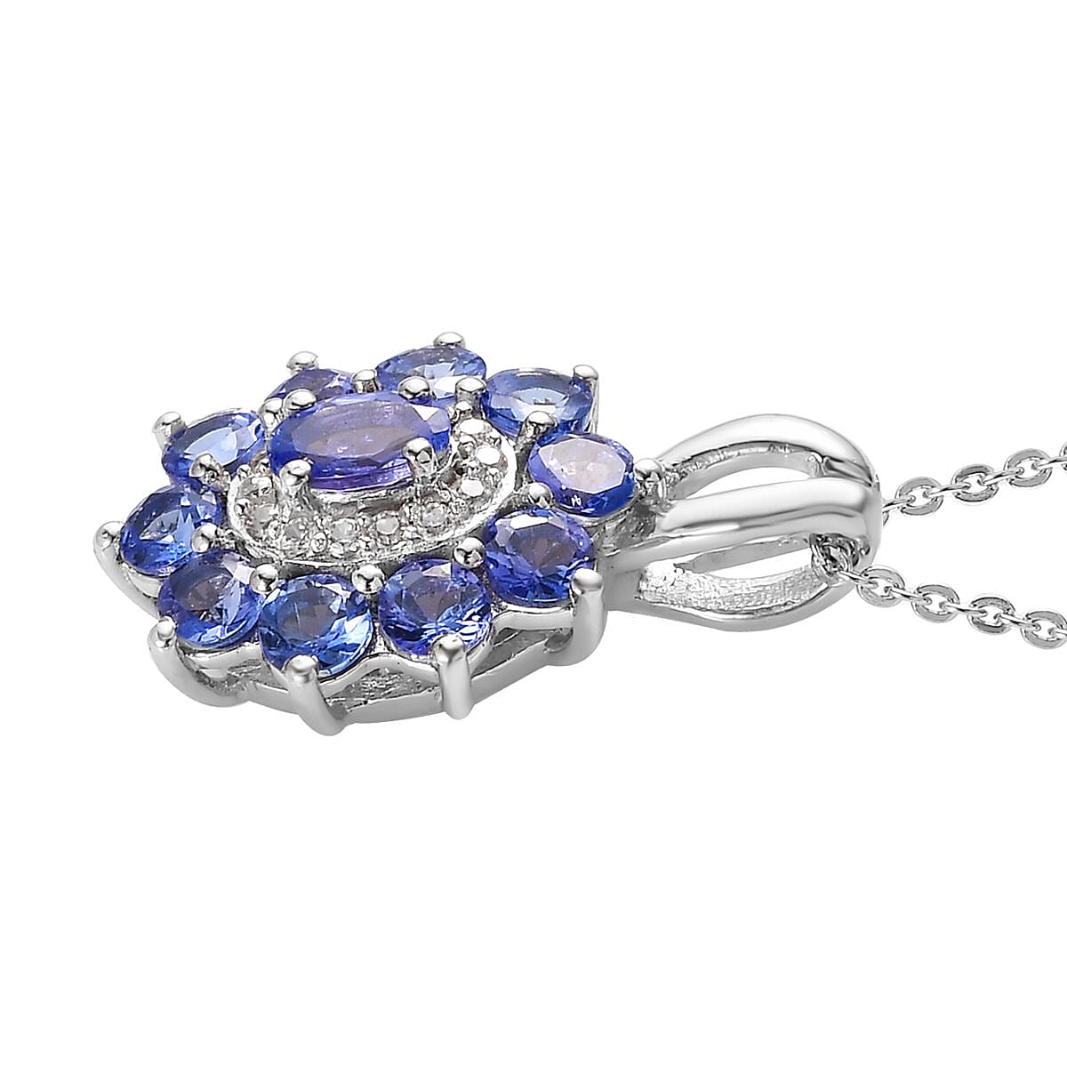 AAA Tanzanite and White Zircon Floral Pendant Necklace 20 Inches in Platinum Over Sterling Silver 1.70 ctw