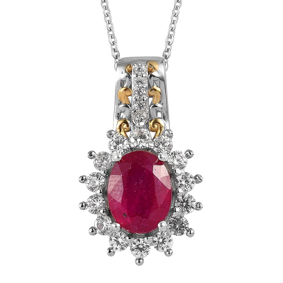 Niassa Ruby (FF) and Natural White Zircon Sunburst Pendant Necklace 20 Inches in Vermeil Yellow Gold and Platinum Over Sterling Silver 3.75 ctw