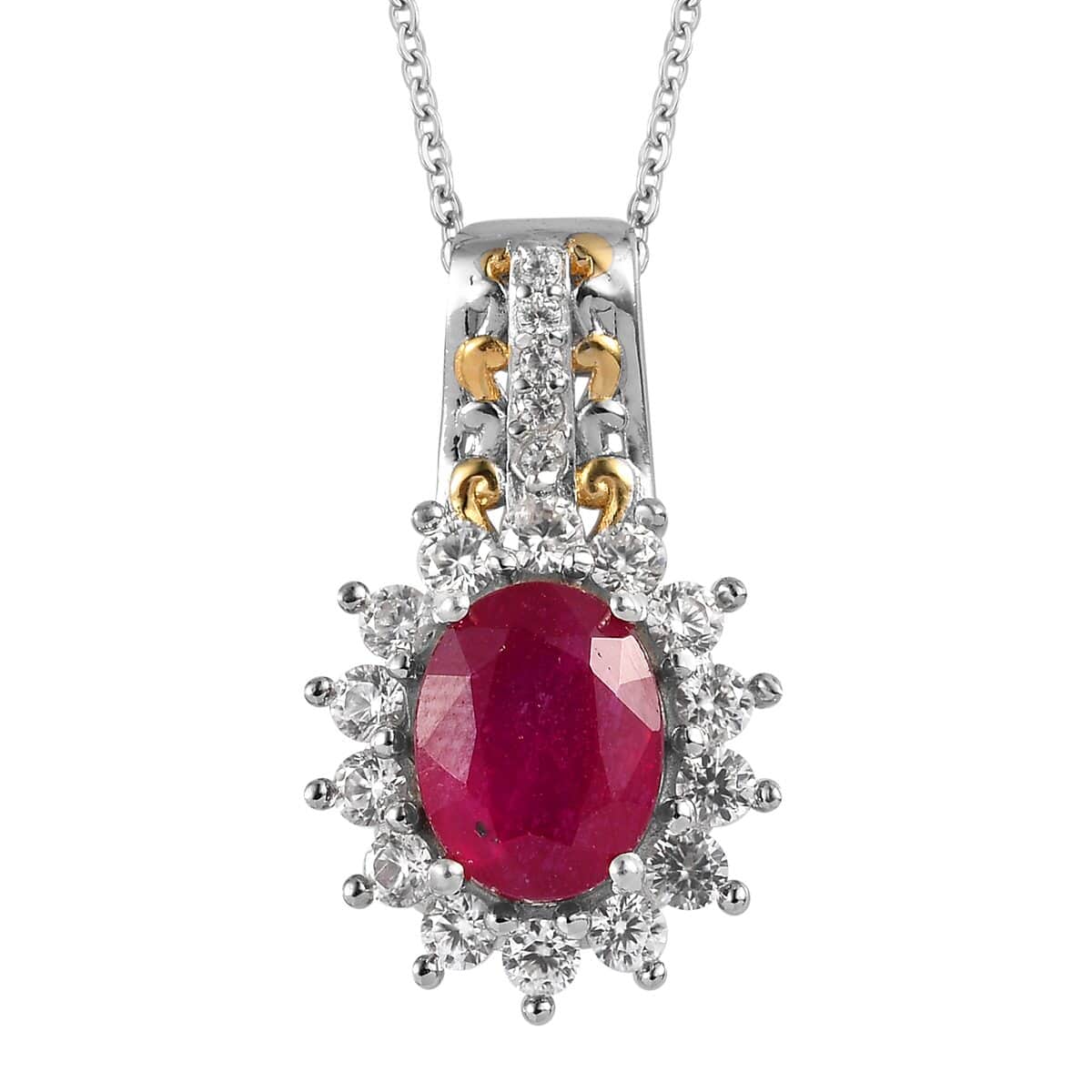 Niassa Ruby (FF) and Natural White Zircon Sunburst Pendant Necklace 20 Inches in Vermeil Yellow Gold and Platinum Over Sterling Silver 3.75 ctw image number 0