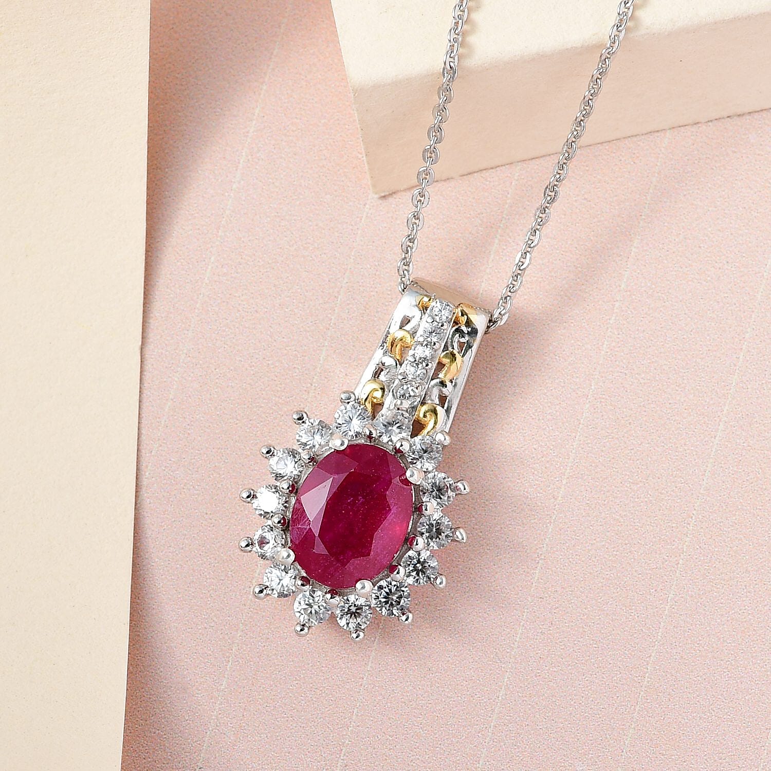 Niassa Ruby (FF) and Natural White Zircon Sunburst Pendant Necklace 20 Inches in Vermeil Yellow Gold and Platinum Over Sterling Silver 3.75 ctw