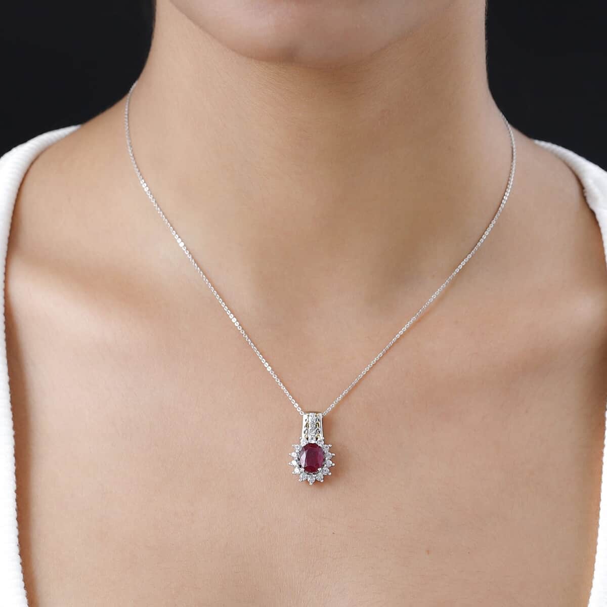 Niassa Ruby and Natural White Zircon Sunburst Pendant Necklace 20 Inches in Vermeil Yellow Gold and Platinum Over Sterling Silver 3.75 ctw image number 2