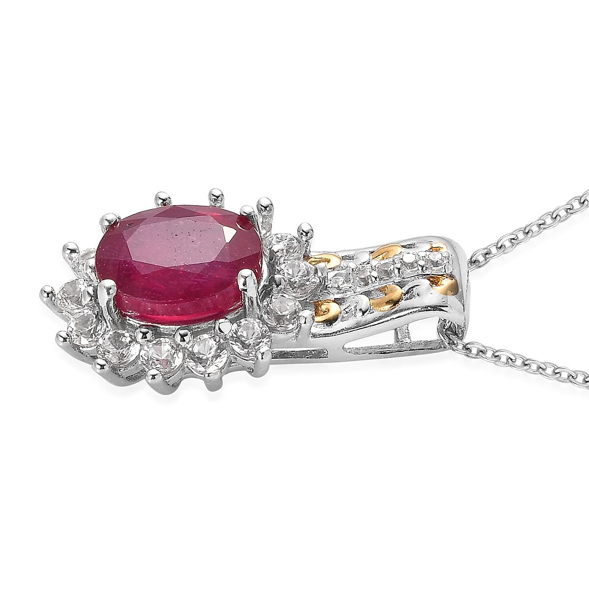 Niassa Ruby (FF) and Natural White Zircon Sunburst Pendant Necklace 20 Inches in Vermeil Yellow Gold and Platinum Over Sterling Silver 3.75 ctw