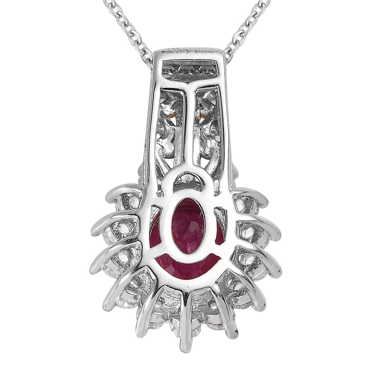 Niassa Ruby (FF) and Natural White Zircon Sunburst Pendant Necklace 20 Inches in Vermeil Yellow Gold and Platinum Over Sterling Silver 3.75 ctw